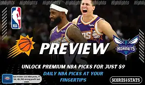NBA preview graphic for Phoenix Suns vs Charlotte Hornets featuring both team logos, a matchup-themed background image, and the ScoresAndStats logo.