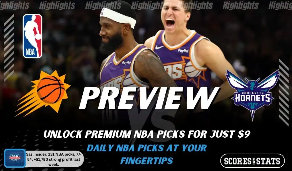 NBA preview graphic for Phoenix Suns vs Charlotte Hornets featuring both team logos, a matchup-themed background image, and the ScoresAndStats logo.