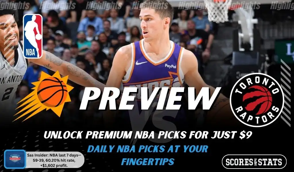 Phoenix Suns vs Toronto Raptors preview image with both team logos, a relevant basketball background, and the ScoresAndStats logo.