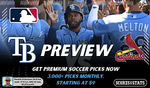 Tampa Bay Rays vs St. Louis Cardinals preview image with both team logos, a relevant baseball background, and the ScoresAndStats logo.