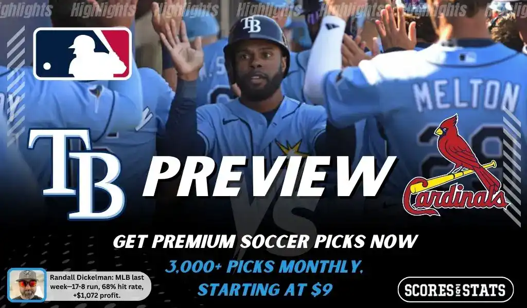 Tampa Bay Rays vs St. Louis Cardinals preview image with both team logos, a relevant baseball background, and the ScoresAndStats logo.