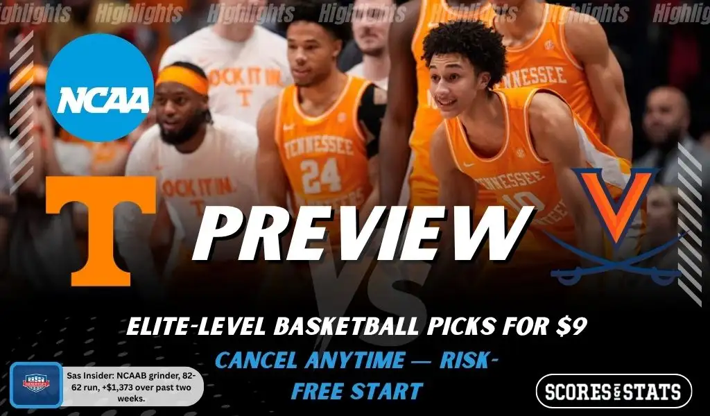 Tennessee Volunteers vs Virginia Cavaliers NCAAB preview image with both team logos, a relevant basketball background, and the ScoresAndStats logo.