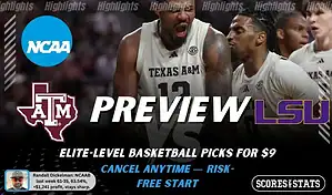 NCAAB preview graphic for Texas A&M Aggies vs LSU Tigers featuring both team logos, a matchup-themed background image, and the ScoresAndStats logo.