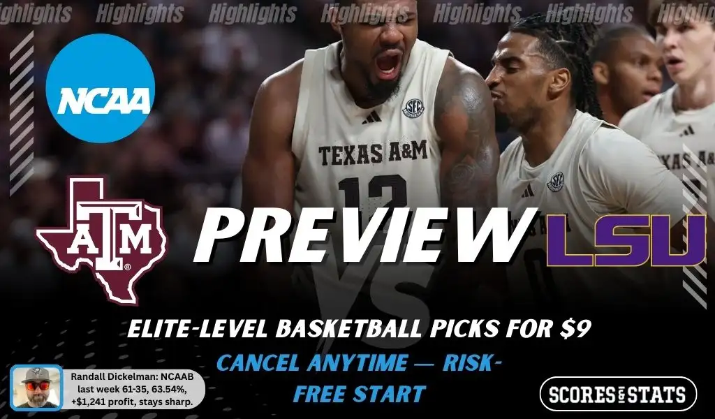 NCAAB preview graphic for Texas A&M Aggies vs LSU Tigers featuring both team logos, a matchup-themed background image, and the ScoresAndStats logo.