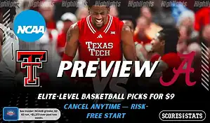 Texas Tech Red Raiders vs Alabama Crimson Tide NCAAB preview image with both team logos, a relevant basketball background, and the ScoresAndStats logo.
