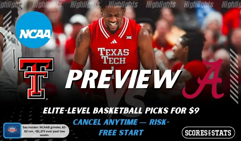 Texas Tech Red Raiders vs Alabama Crimson Tide NCAAB preview image with both team logos, a relevant basketball background, and the ScoresAndStats logo.