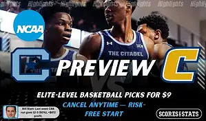 NCAAB preview graphic for The Citadel Bulldogs vs Chattanooga Mocs with both team logos, a matchup-themed background image, and the ScoresAndStats logo.