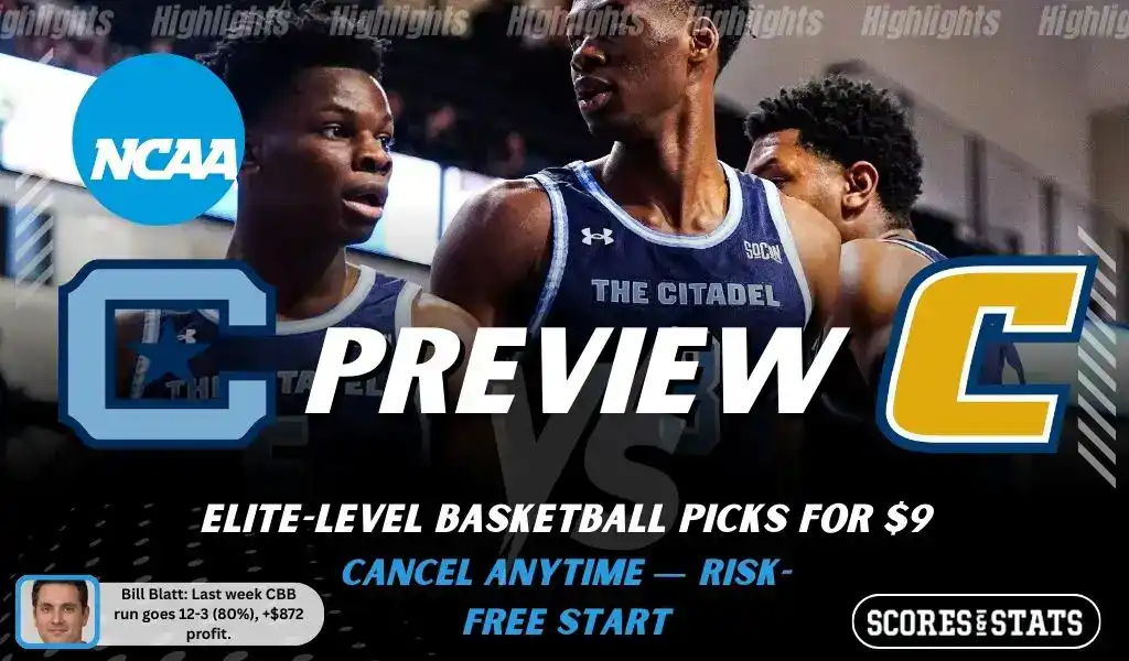 NCAAB preview graphic for The Citadel Bulldogs vs Chattanooga Mocs with both team logos, a matchup-themed background image, and the ScoresAndStats logo.