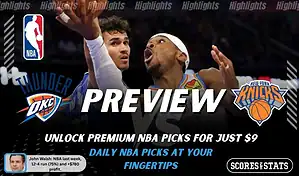 Oklahoma City Thunder vs New York Knicks preview image with both team logos, a relevant basketball background, and the ScoresAndStats logo.