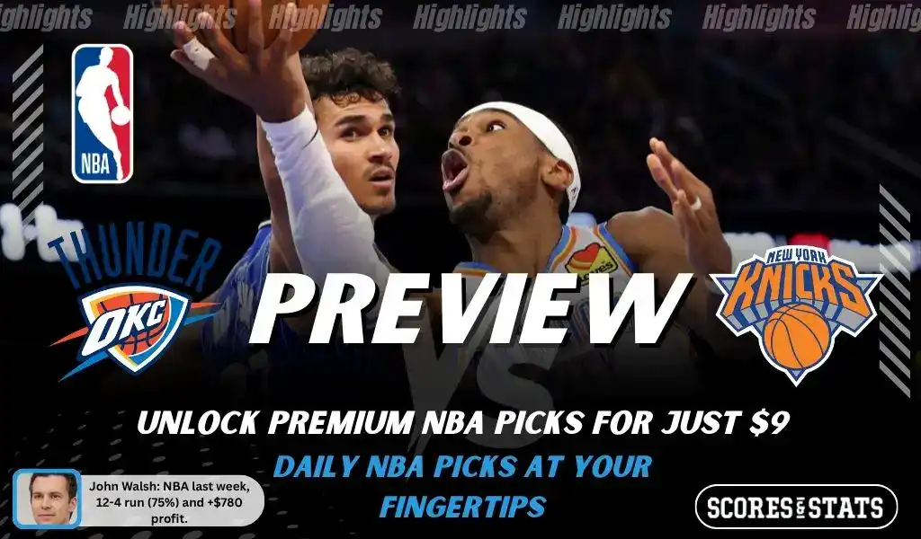 Oklahoma City Thunder vs New York Knicks preview image with both team logos, a relevant basketball background, and the ScoresAndStats logo.