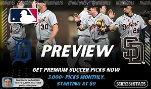 Detroit Tigers vs San Diego Padres preview image with both team logos, a relevant baseball background, and the ScoresAndStats logo.