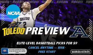 Toledo Rockets vs Akron Zips NCAAB preview image with both team logos, a relevant basketball background, and the ScoresAndStats logo.