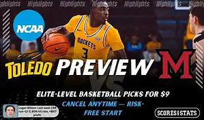 NCAAB preview graphic for Toledo Rockets vs Miami (OH) RedHawks with both team logos, a matchup-themed background image, and the ScoresAndStats logo.