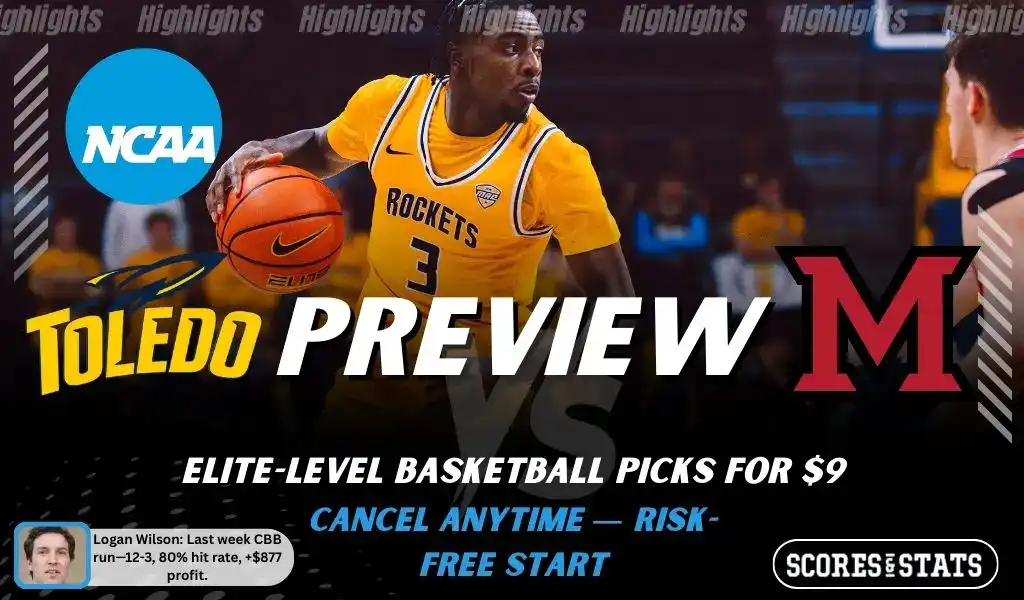 NCAAB preview graphic for Toledo Rockets vs Miami (OH) RedHawks with both team logos, a matchup-themed background image, and the ScoresAndStats logo.
