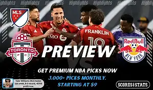 Toronto FC vs New York Red Bulls preview image with both team logos, a relevant soccer background, and the ScoresAndStats logo.