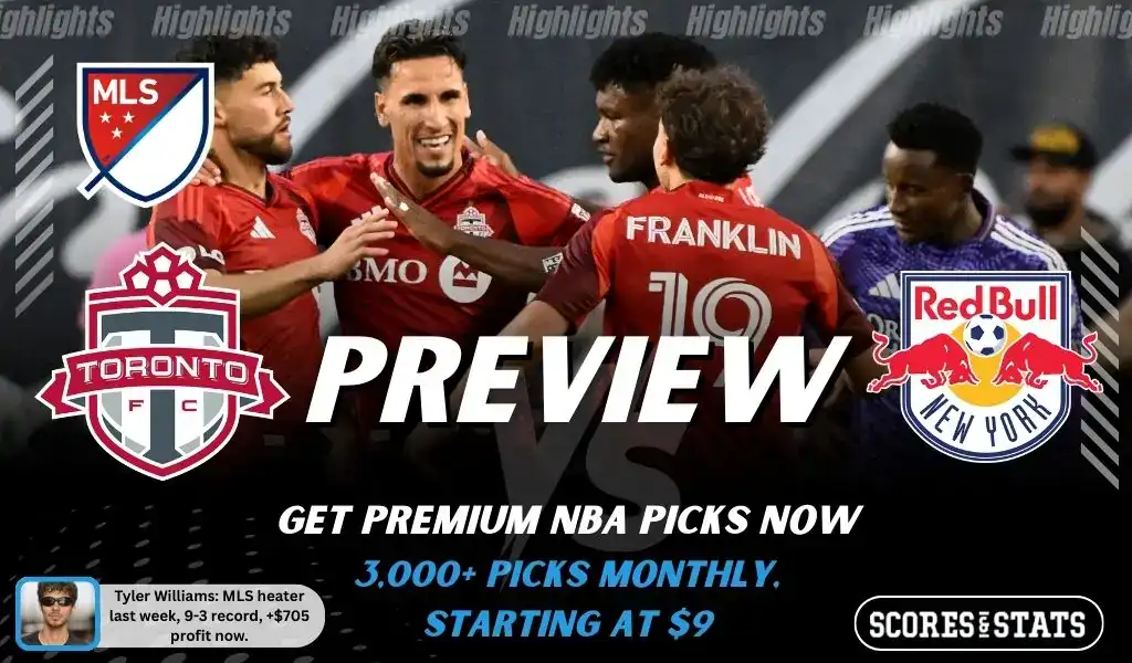 Toronto FC vs New York Red Bulls preview image with both team logos, a relevant soccer background, and the ScoresAndStats logo.