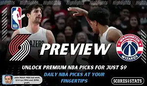 Portland Trail Blazers vs Washington Wizards preview image with both team logos, a relevant basketball background, and the ScoresAndStats logo.