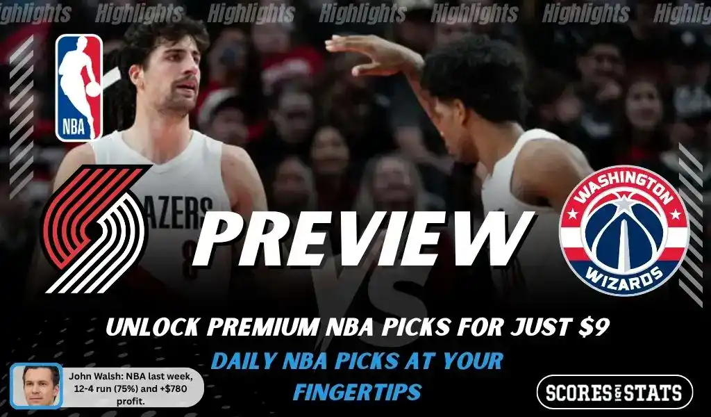Portland Trail Blazers vs Washington Wizards preview image with both team logos, a relevant basketball background, and the ScoresAndStats logo.