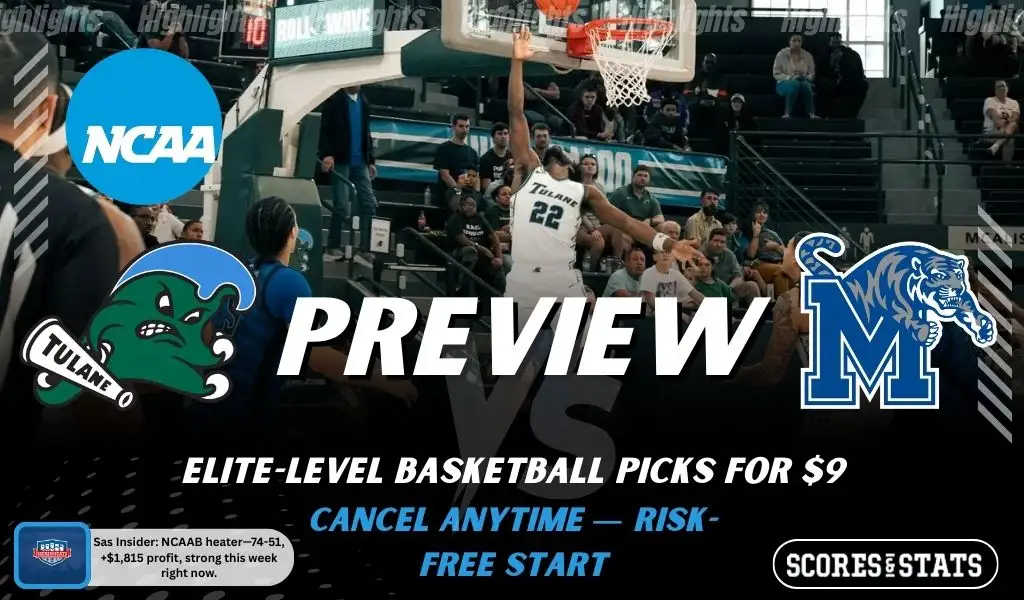 Tulane Green Wave vs Memphis Tigers NCAAB preview image with both team logos, a relevant basketball background, and the ScoresAndStats logo.