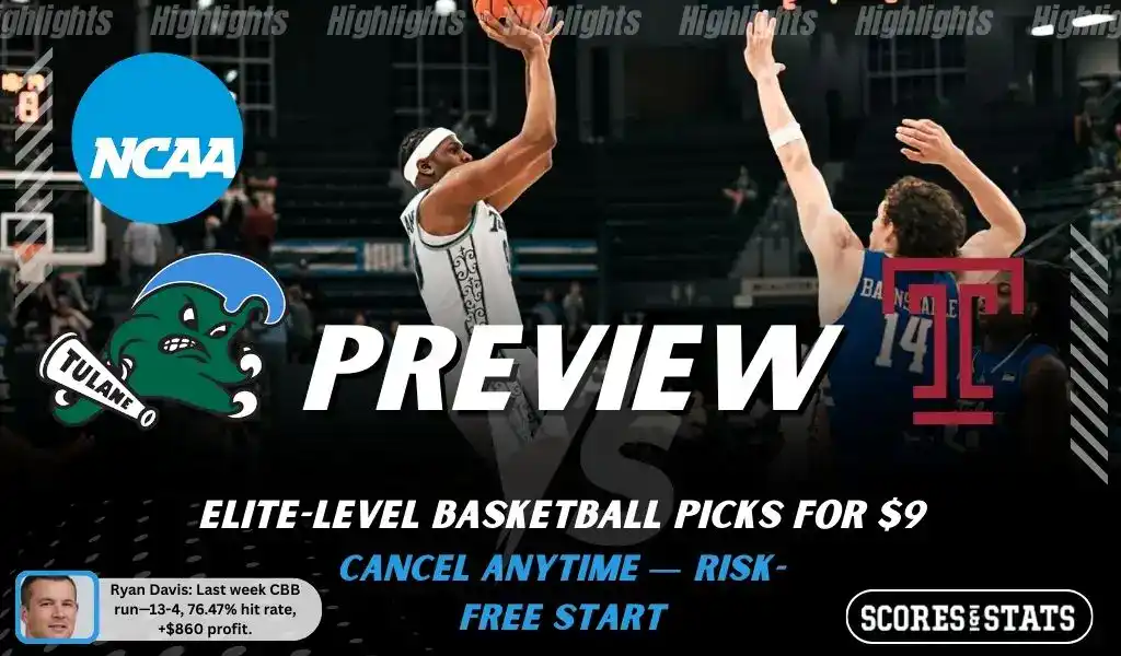 NCAAB preview graphic for Tulane Green Wave vs Temple Owls with both team logos, a matchup-themed background image, and the ScoresAndStats logo.