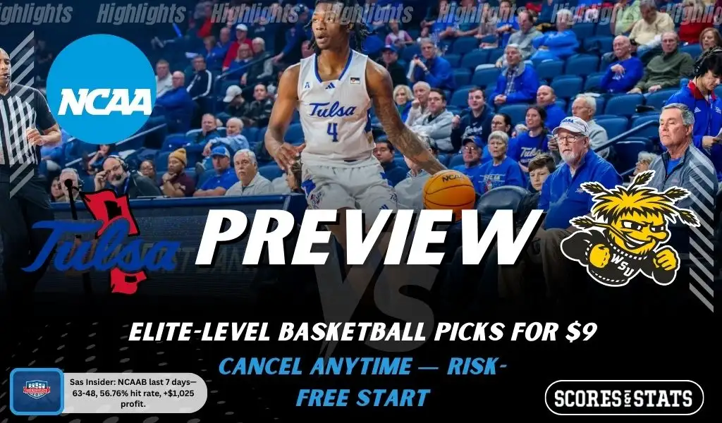 Tulsa Golden Hurricane vs Wichita State Shockers NCAAB preview image with both team logos, a relevant basketball background, and the ScoresAndStats logo.