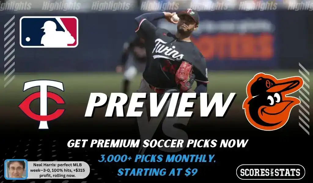 Minnesota Twins vs Baltimore Orioles preview image with both team logos, a relevant baseball background, and the ScoresAndStats logo.