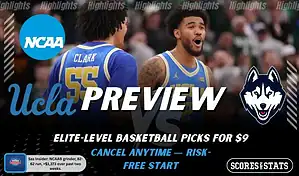 UCLA Bruins vs Connecticut Huskies NCAAB preview image with both team logos, a relevant basketball background, and the ScoresAndStats logo.