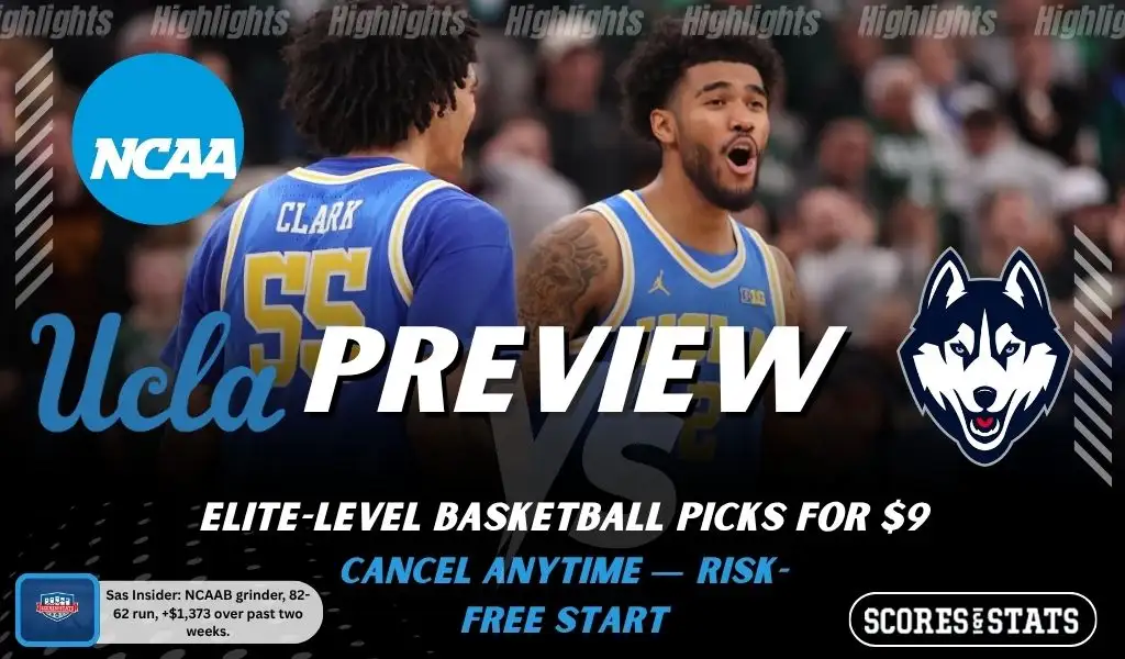 UCLA Bruins vs Connecticut Huskies NCAAB preview image with both team logos, a relevant basketball background, and the ScoresAndStats logo.