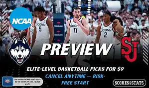 Connecticut Huskies vs St. John’s Red Storm NCAAB preview image with both team logos, a relevant basketball background, and the ScoresAndStats logo.
