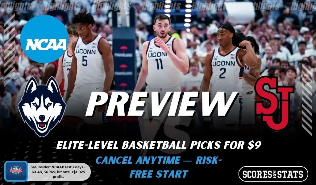 Connecticut Huskies vs St. John’s Red Storm NCAAB preview image with both team logos, a relevant basketball background, and the ScoresAndStats logo.