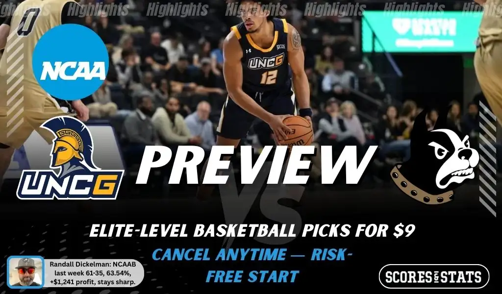 NCAAB preview graphic for UNCG Spartans vs Wofford Terriers featuring both team logos, a matchup-themed background image, and the ScoresAndStats logo.