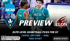 NCAAB preview graphic for UNCW Seahawks vs Elon Phoenix with both team logos, a matchup-themed background image, and the ScoresAndStats logo.