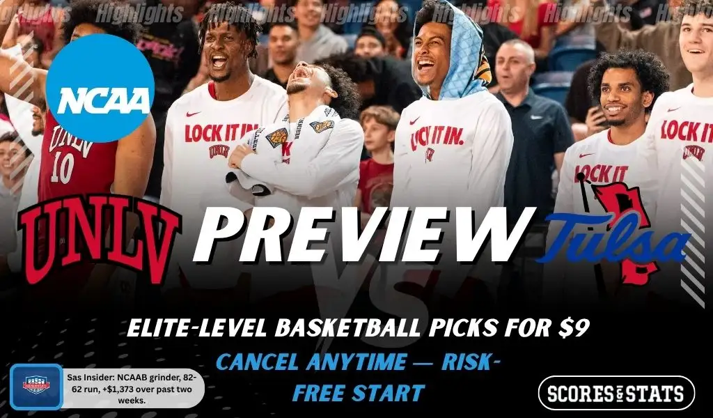 UNLV Runnin' Rebels vs Tulsa Golden Hurricane NCAAB preview image with both team logos, a relevant basketball background, and the ScoresAndStats logo.