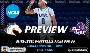 NCAAB preview graphic for UT Arlington Mavericks vs Abilene Christian Wildcats featuring both team logos, a matchup-themed background image, and the ScoresAndStats logo.