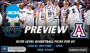 Utah State Aggies vs Arizona Wildcats NCAAB preview image with both team logos, a relevant basketball background, and the ScoresAndStats logo.