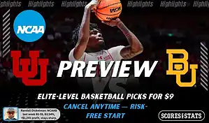 NCAAB preview graphic for Utah Utes vs Baylor Bears featuring both team logos, a matchup-themed background image, and the ScoresAndStats logo.