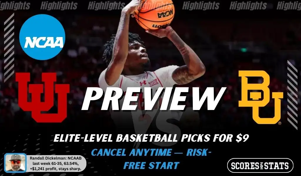 NCAAB preview graphic for Utah Utes vs Baylor Bears featuring both team logos, a matchup-themed background image, and the ScoresAndStats logo.