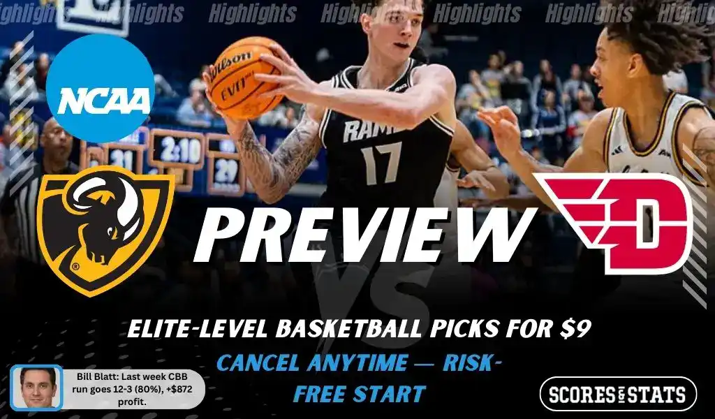 NCAAB preview graphic for VCU Rams vs Dayton Flyers with both team logos, a matchup-themed background image, and the ScoresAndStats logo.
