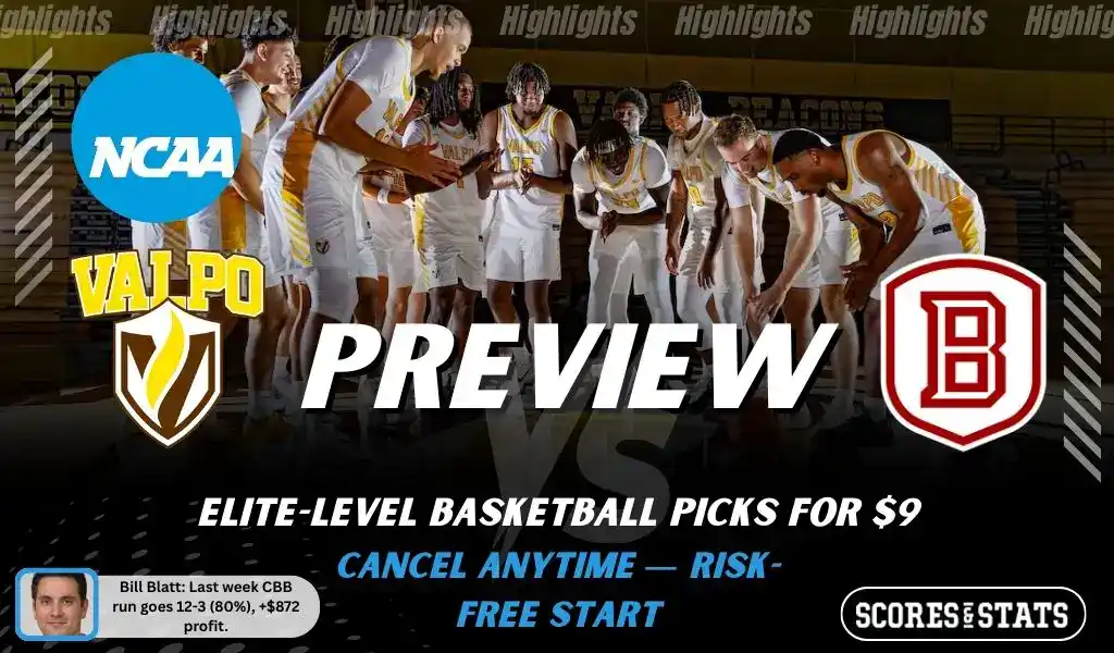 NCAAB preview graphic for Valparaiso Beacons vs Bradley Braves with both team logos, a matchup-themed background image, and the ScoresAndStats logo.