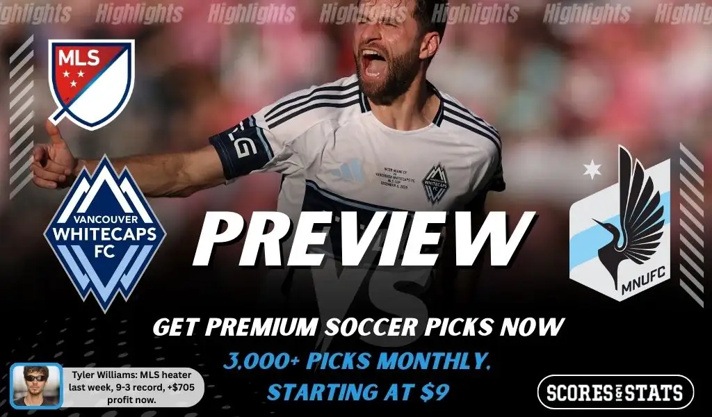 Vancouver Whitecaps FC vs Minnesota United preview image with both team logos, a relevant soccer background, and the ScoresAndStats logo.