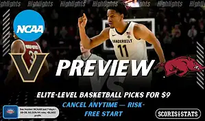 Vanderbilt Commodores vs Arkansas Razorbacks NCAAB preview image with both team logos, a relevant basketball background, and the ScoresAndStats logo.