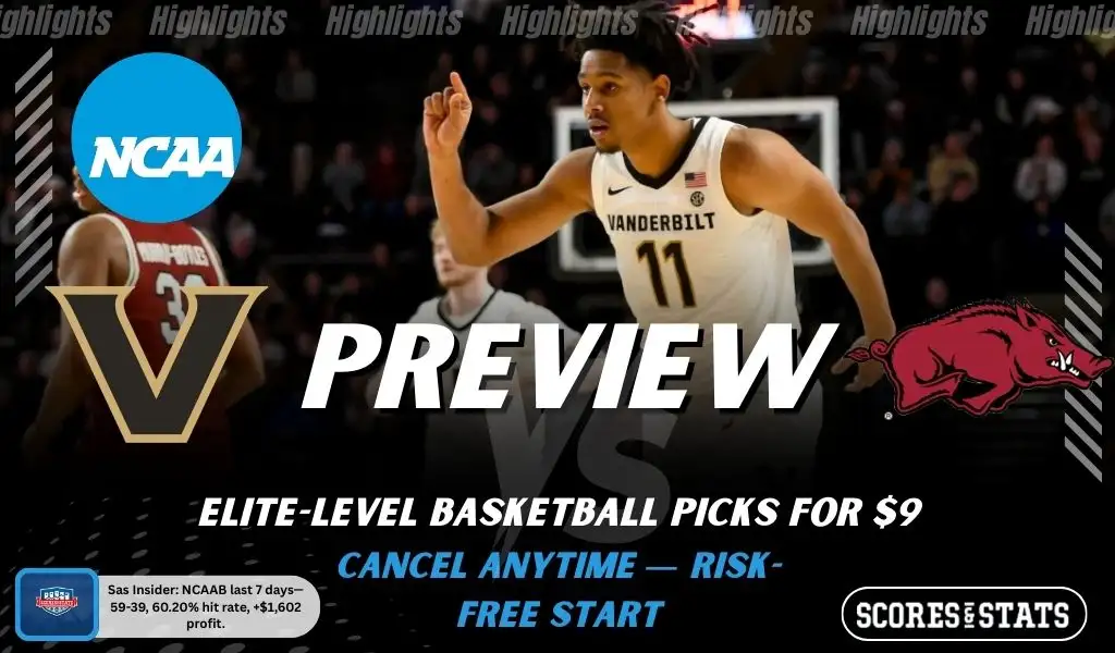 Vanderbilt Commodores vs Arkansas Razorbacks NCAAB preview image with both team logos, a relevant basketball background, and the ScoresAndStats logo.