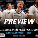 Vanderbilt Commodores vs Florida Gators NCAAB preview image with both team logos, a relevant basketball background, and the ScoresAndStats logo.