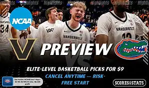 Vanderbilt Commodores vs Florida Gators NCAAB preview image with both team logos, a relevant basketball background, and the ScoresAndStats logo.