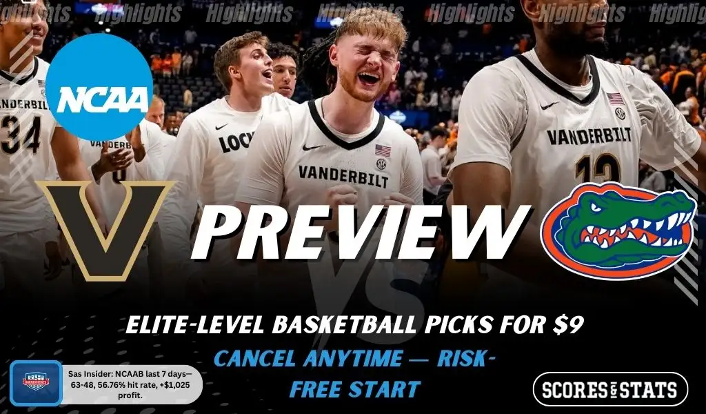 Vanderbilt Commodores vs Florida Gators NCAAB preview image with both team logos, a relevant basketball background, and the ScoresAndStats logo.