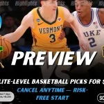 Vermont Catamounts vs UMBC Retrievers NCAAB preview image with both team logos, a relevant basketball background, and the ScoresAndStats logo.