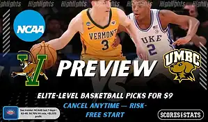 Vermont Catamounts vs UMBC Retrievers NCAAB preview image with both team logos, a relevant basketball background, and the ScoresAndStats logo.