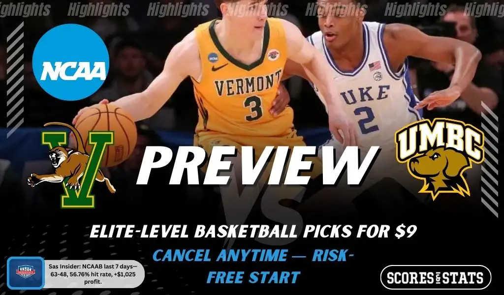 Vermont Catamounts vs UMBC Retrievers NCAAB preview image with both team logos, a relevant basketball background, and the ScoresAndStats logo.