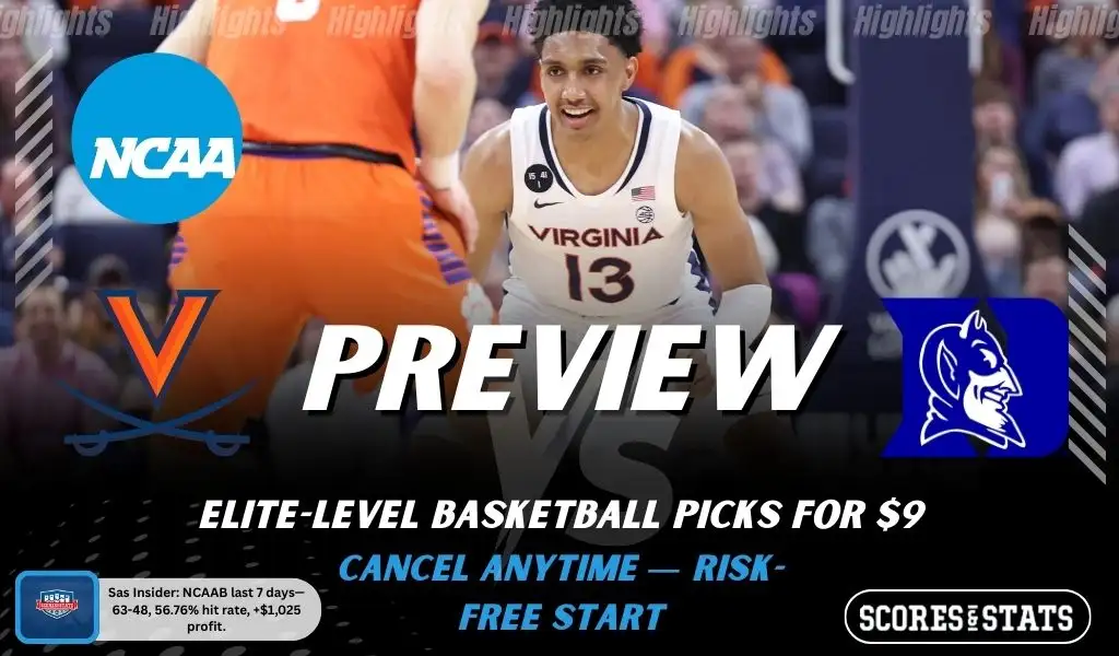 Virginia Cavaliers vs Duke Blue Devils NCAAB preview image with both team logos, a relevant basketball background, and the ScoresAndStats logo.