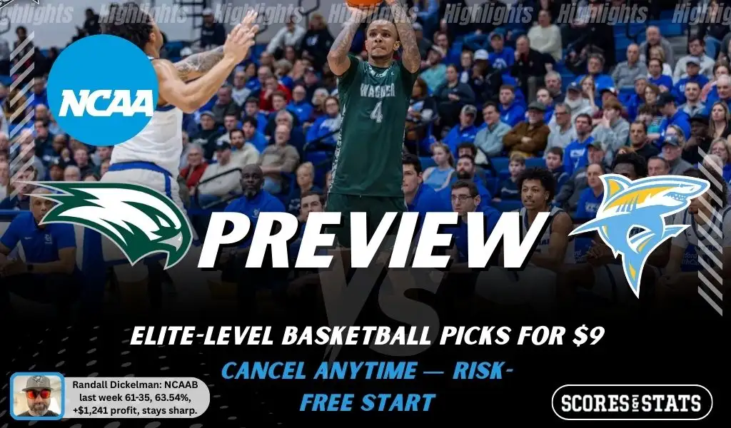 NCAAB preview graphic for Wagner Seahawks vs LIU Sharks featuring both team logos, a matchup-themed background image, and the ScoresAndStats logo.